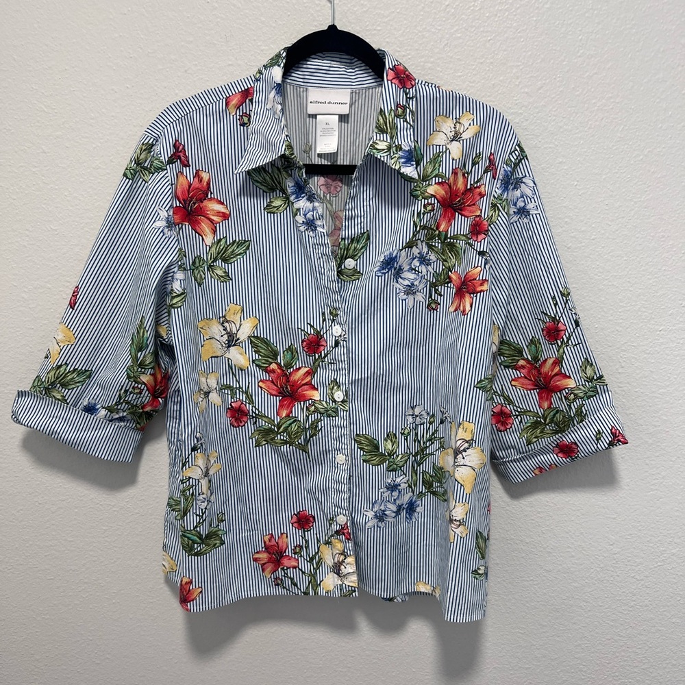 Alfred Dunner Plus Size Blue White Floral Button Down Blouse Size X Large